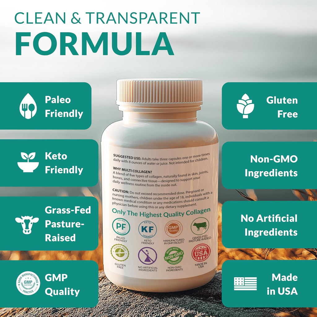 Multi Collagen 180 Protein Capsules - Type I, II, III, V, X Collagen Pills - Proprietary Blend of Eggshell, Chicken, Wild Fish & Grass-Fed Beef Collagen Peptides - 2025Mg per Serv