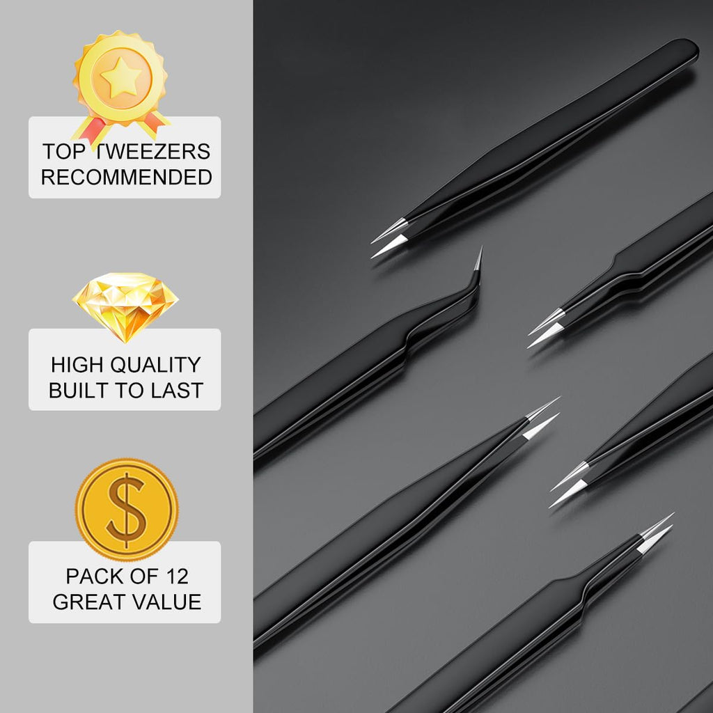 12-In-1 Precision Metal Tweezers Set with Leather Case