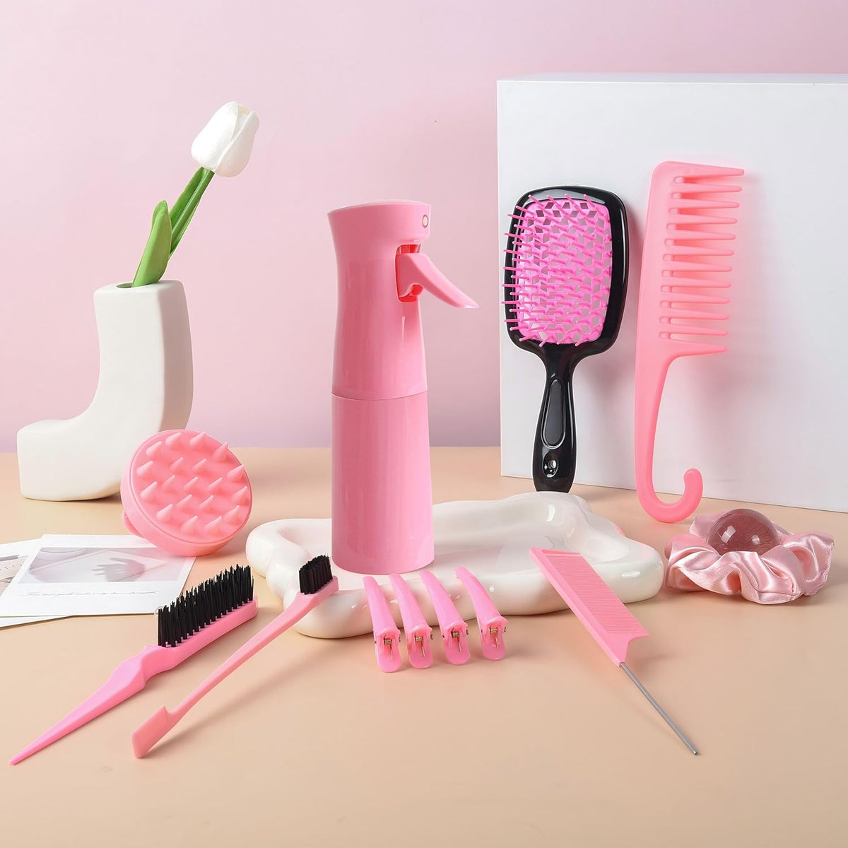 Set de 12 cepillos para el cabello con atomizador
