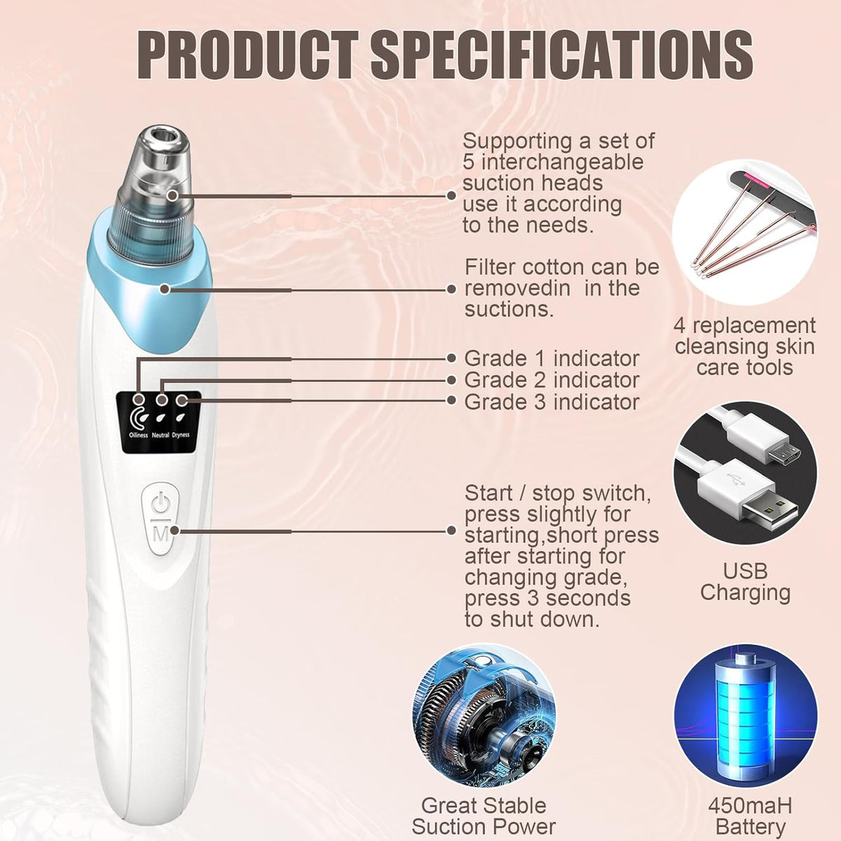 Facial Pore Vacuum with 5 Probes, Blue