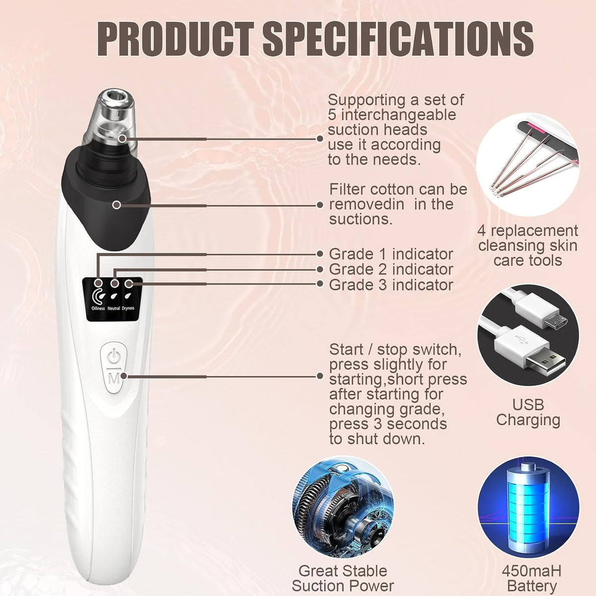 Facial Pore Vacuum with 5 Probes, Black