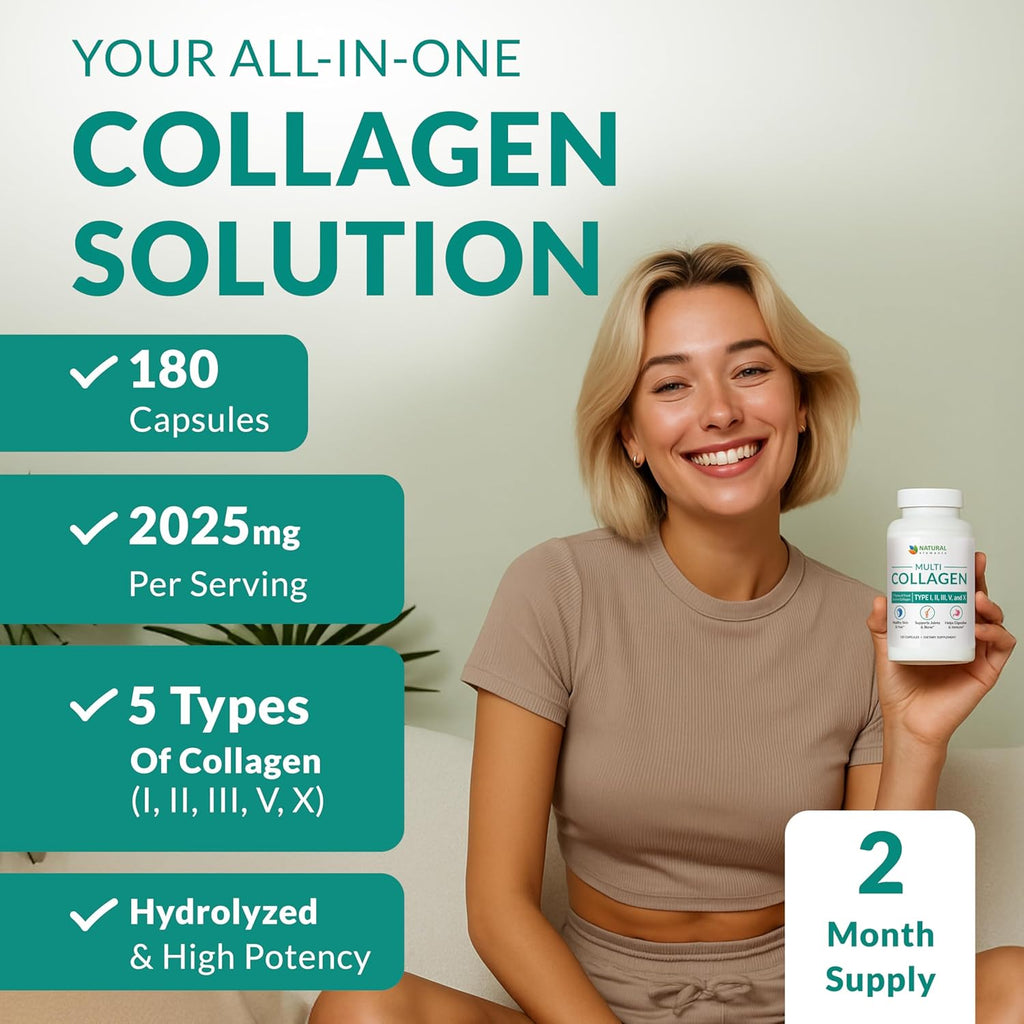 Multi Collagen 180 Protein Capsules - Type I, II, III, V, X Collagen Pills - Proprietary Blend of Eggshell, Chicken, Wild Fish & Grass-Fed Beef Collagen Peptides - 2025Mg per Serv