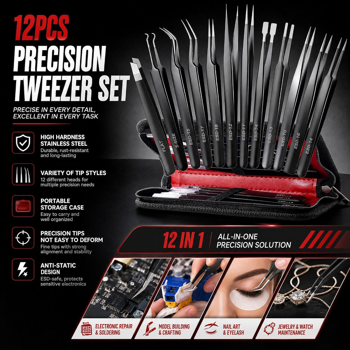 12-In-1 Precision Metal Tweezers Set with Leather Case