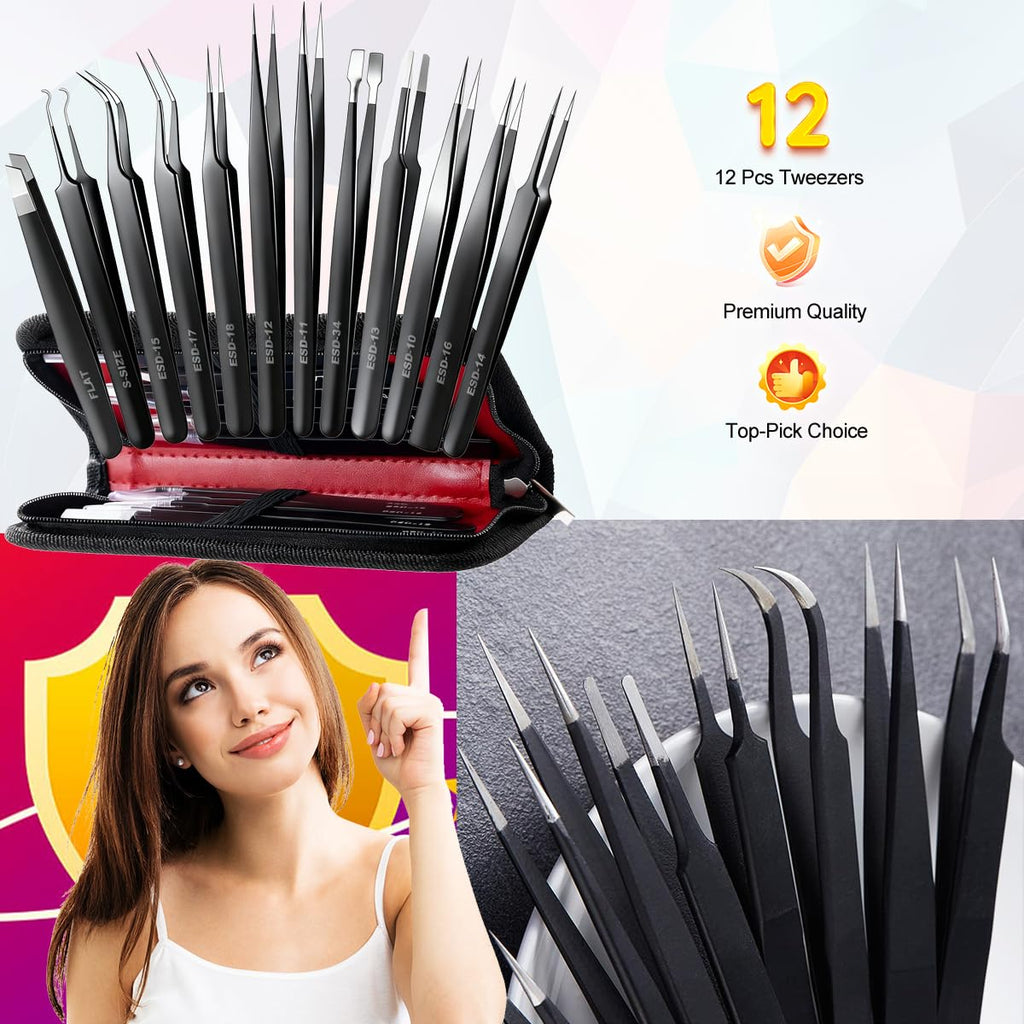 12-In-1 Precision Metal Tweezers Set with Leather Case
