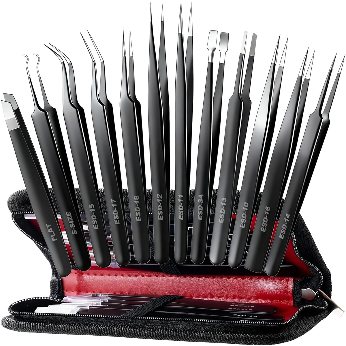 12-In-1 Precision Metal Tweezers Set with Leather Case