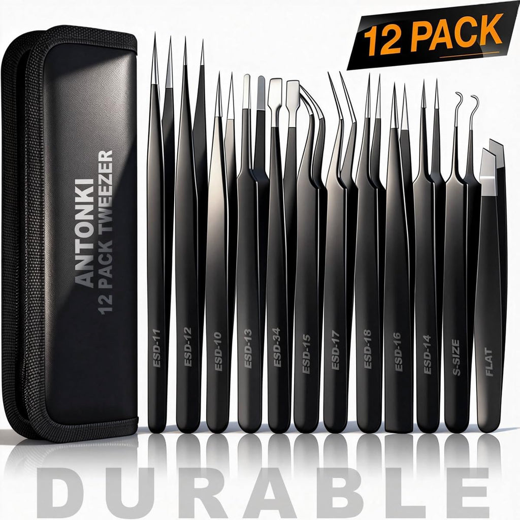 12-In-1 Precision Metal Tweezers Set with Leather Case