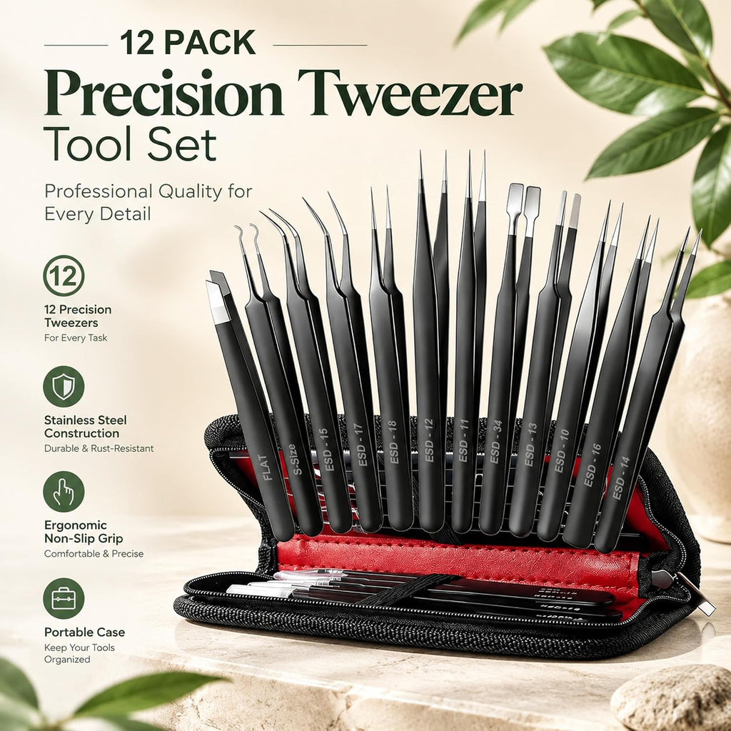 12-In-1 Precision Metal Tweezers Set with Leather Case
