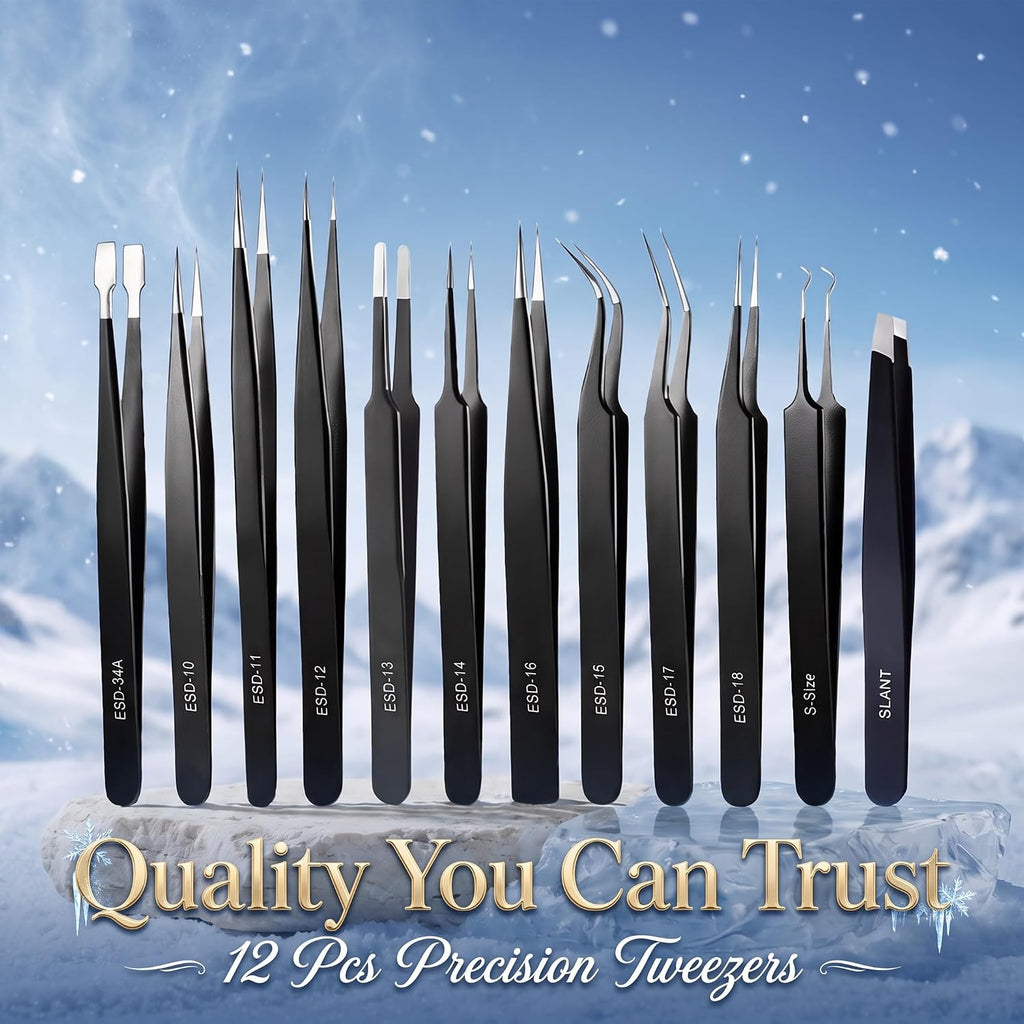 12-In-1 Precision Metal Tweezers Set with Leather Case